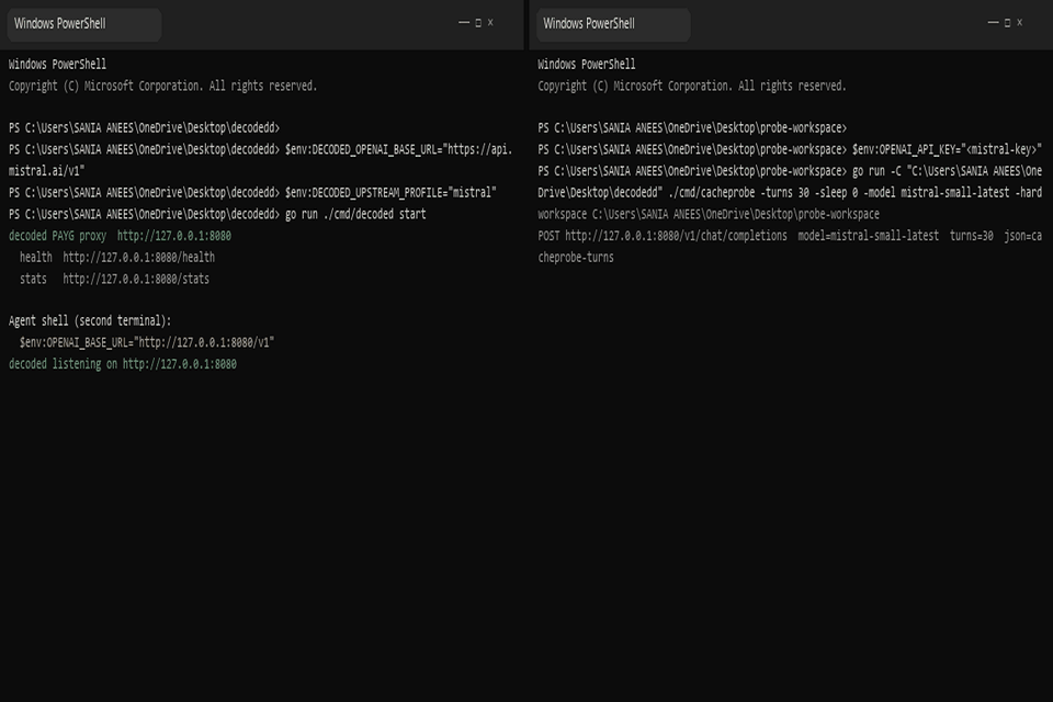 Windows PowerShell: decoded proxy on the left, Mistral cache probe on the right